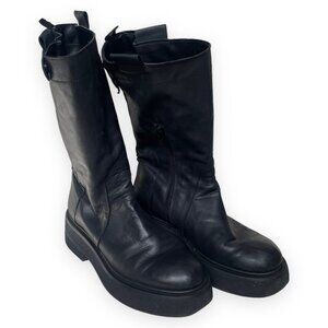 1725.A Black Leather Moto Biker Boots Size 10 / 41 Womens